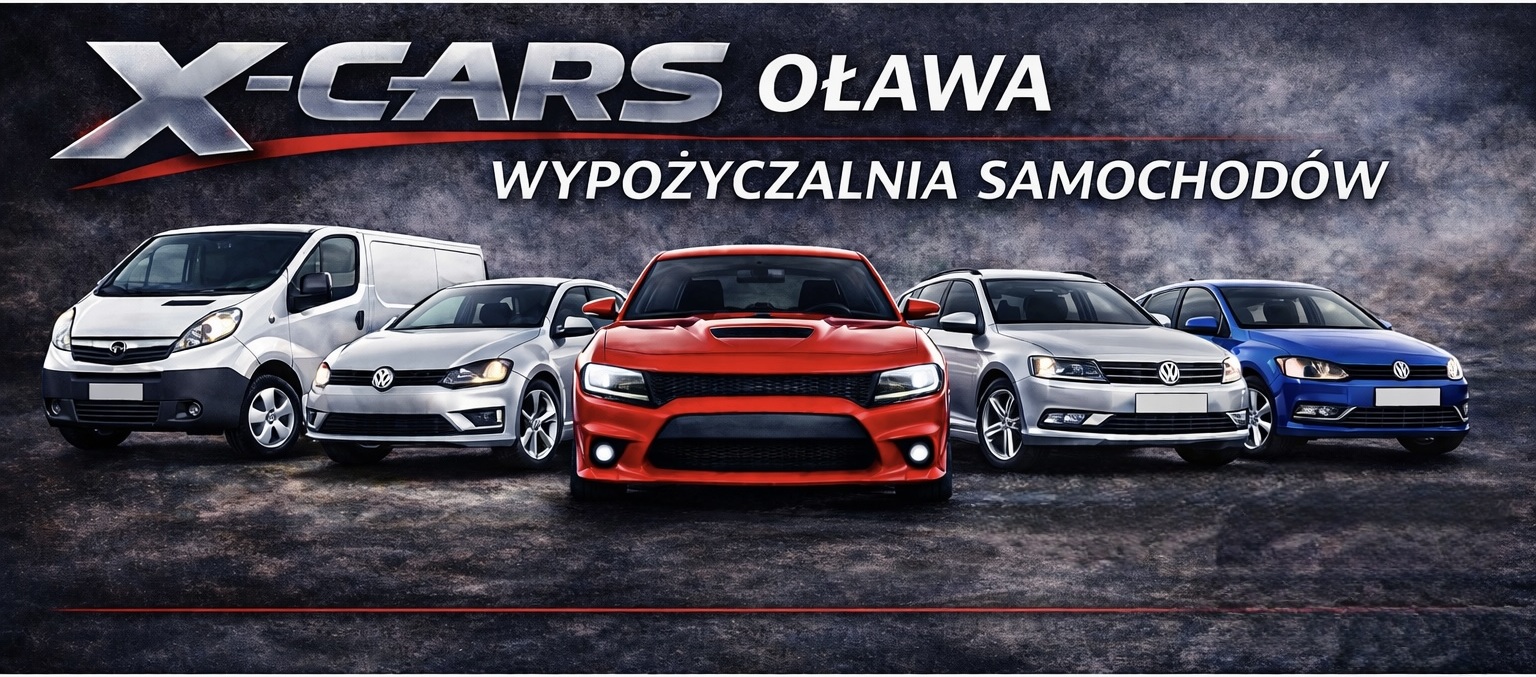 Logo X-CARS Oława i sześć samochodów floty na ciemnym tle