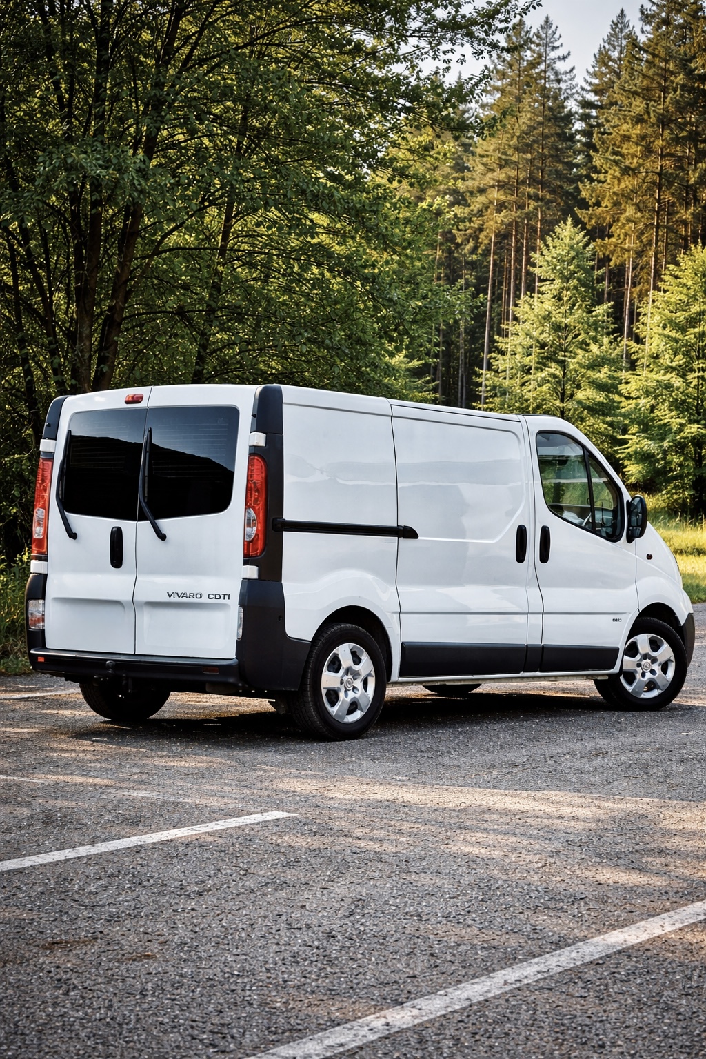 Biały Opel Vivaro — tył i bok samochodu